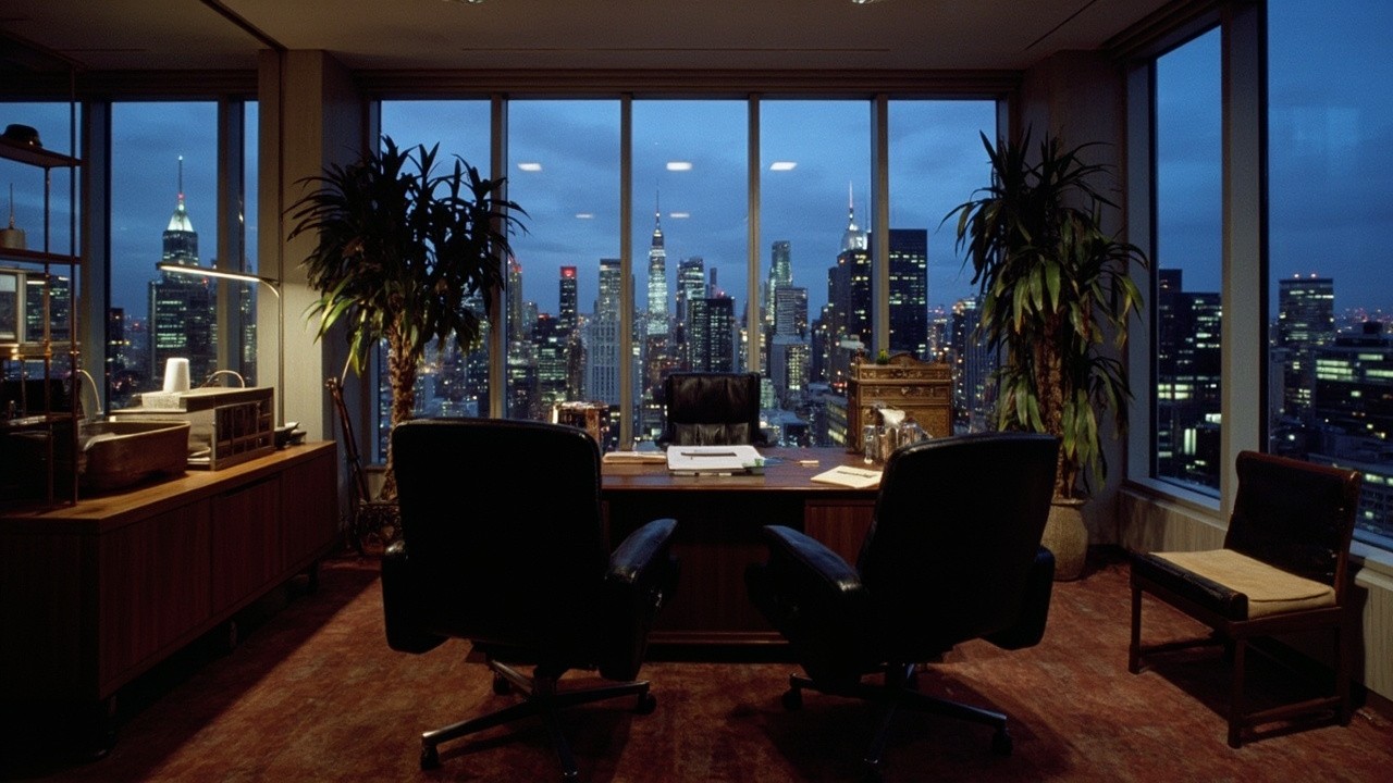 1980s High-End New York City Office at Night