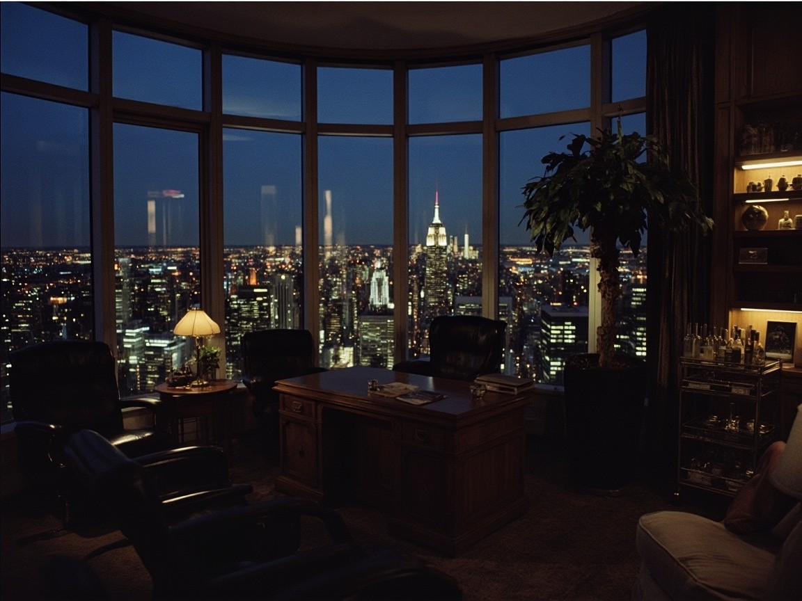 1980s Luxurious New York Nighttime Office View