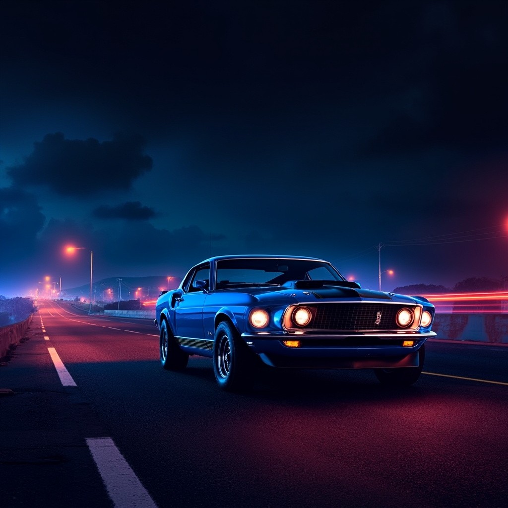 A 1969 Blue Mustang on a Neon-Lit Highway
