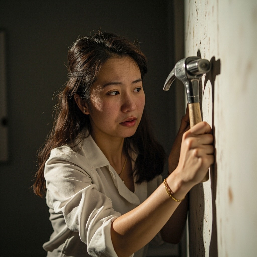 A 30's Asian Woman Struggling to Hammer a Nail