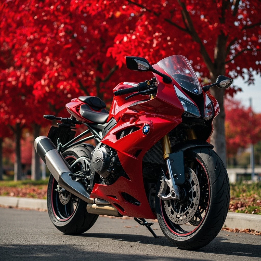 A BMW 1000 RR Beside a Red Tree