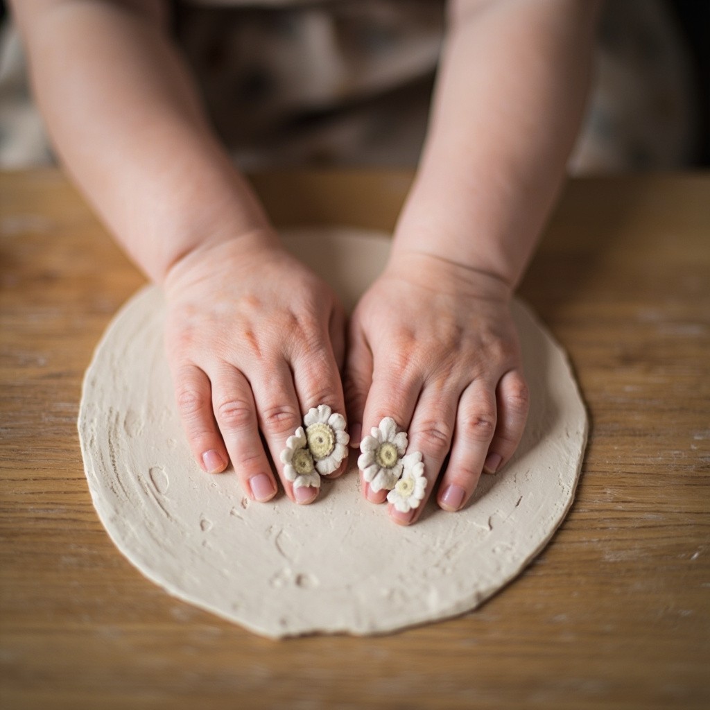 A Baby's Clay Handprints on Wooden Table