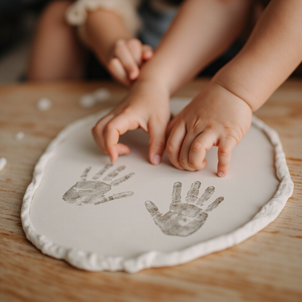 A Baby's Handprints in Clay on Wood Table