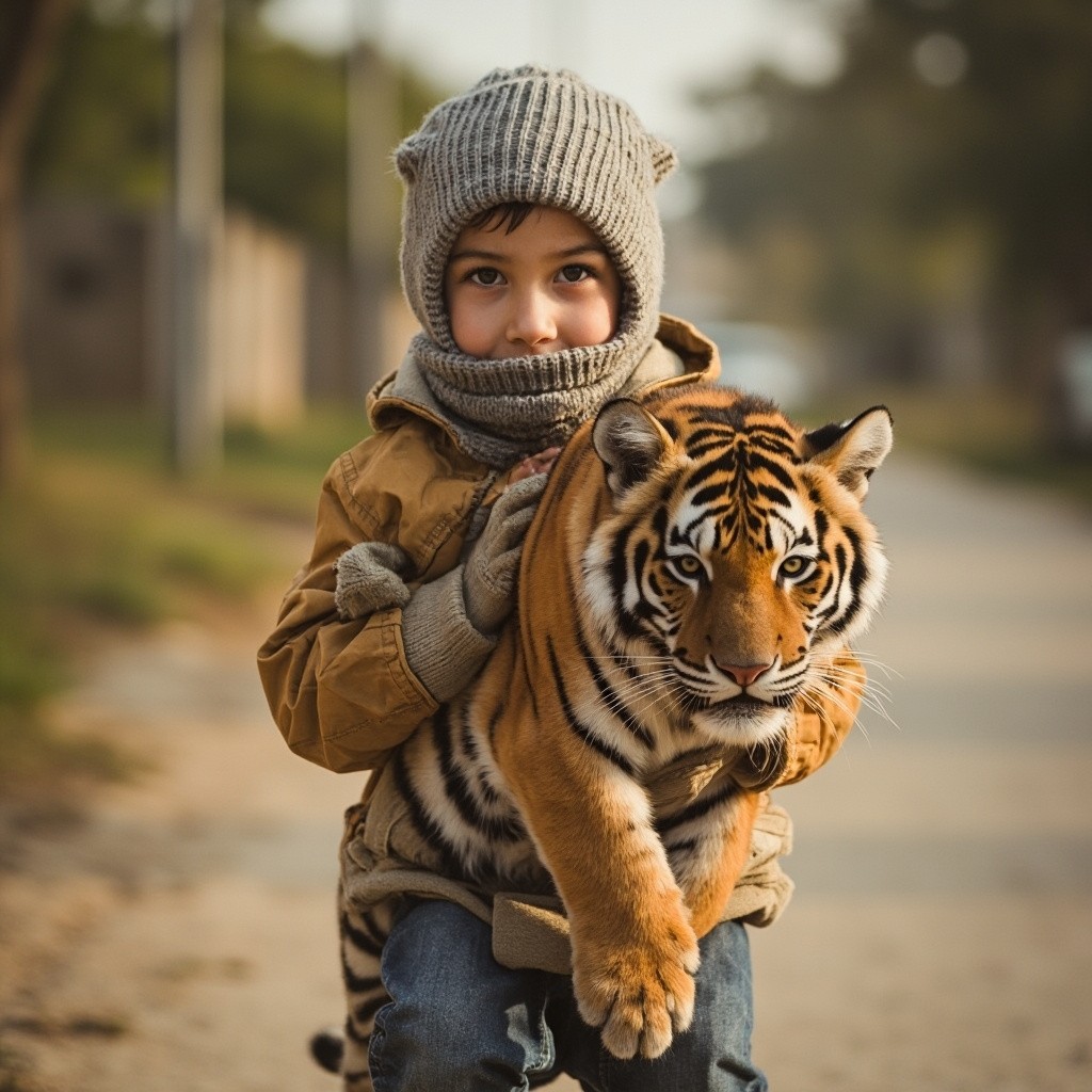 A Baby Boy Walking with a Tiger