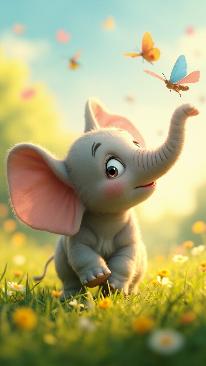 A Baby Elephant Frolicking with Butterflies Pixar-Style