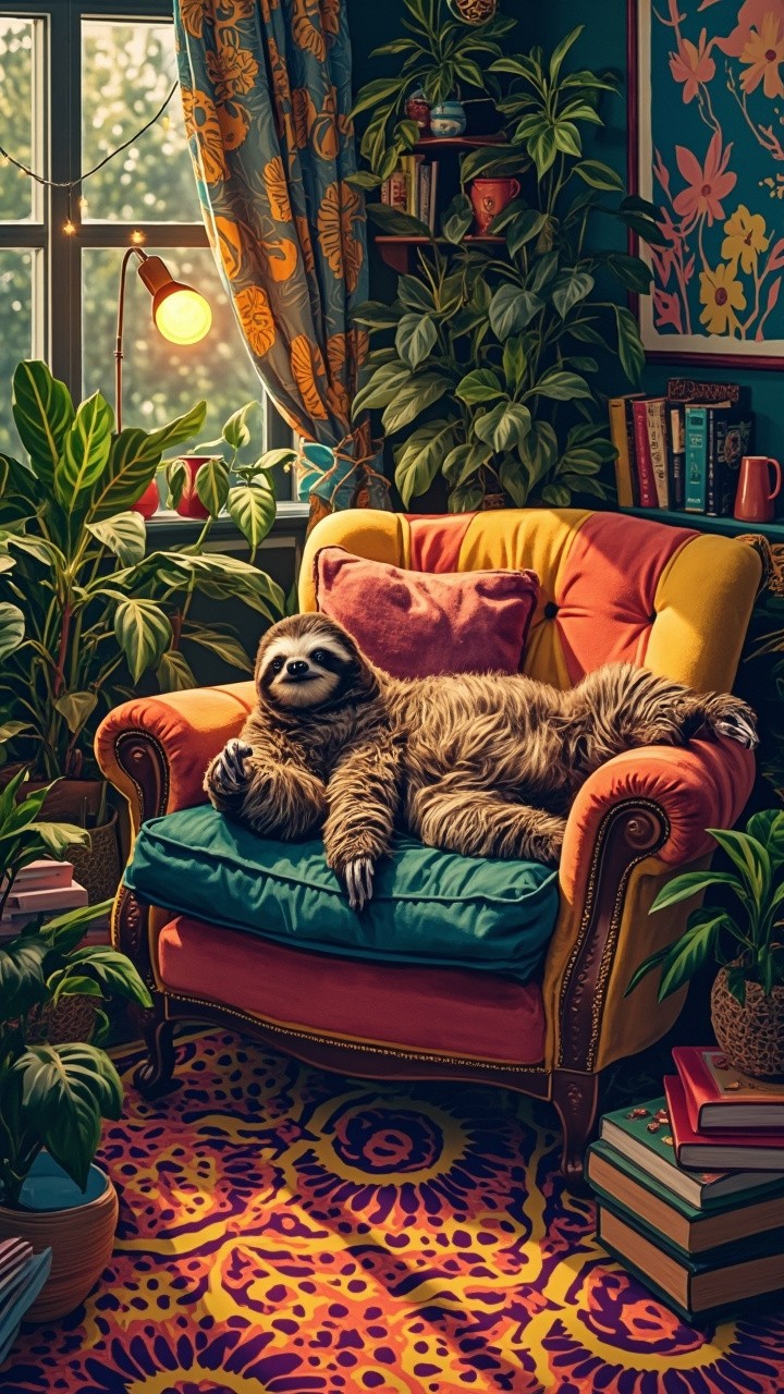 A Baby Sloth in a Quirky, Colorful Living Room