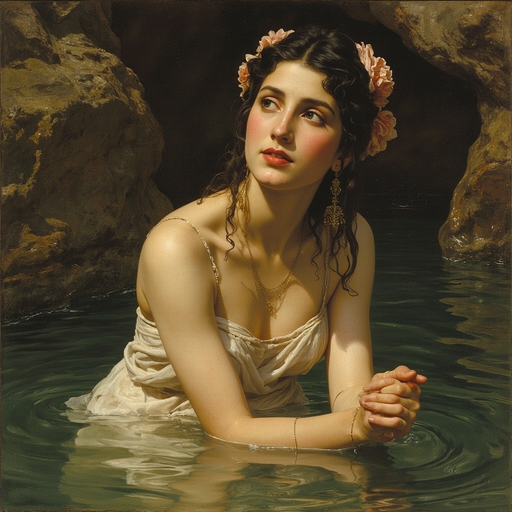A Beautiful Woman Bathing in a River