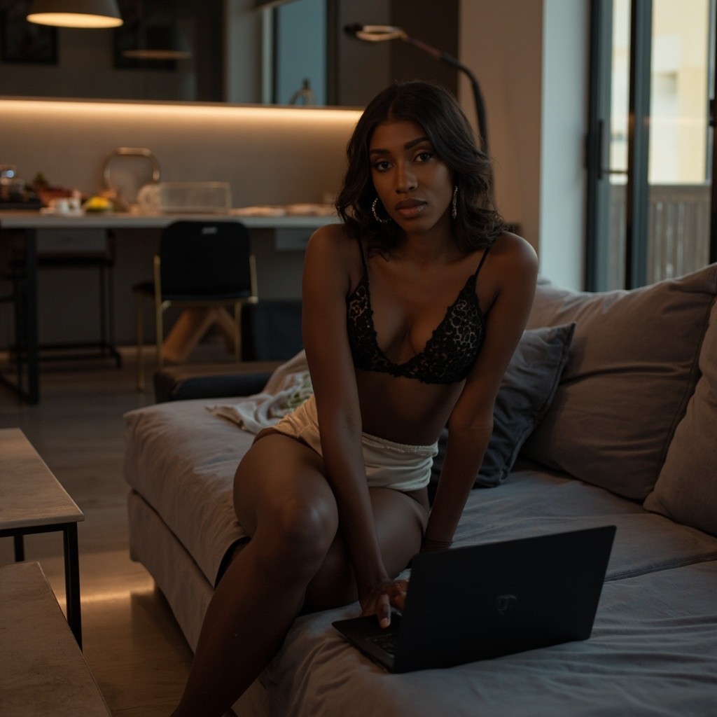 A Beautiful Woman Sitting with Laptop in Apartment