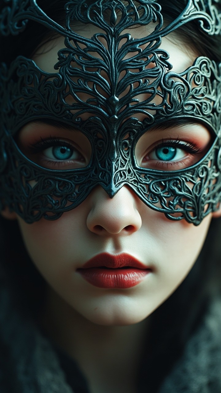 A Beautiful Woman with Cyberpunk Lace Mask Portrait