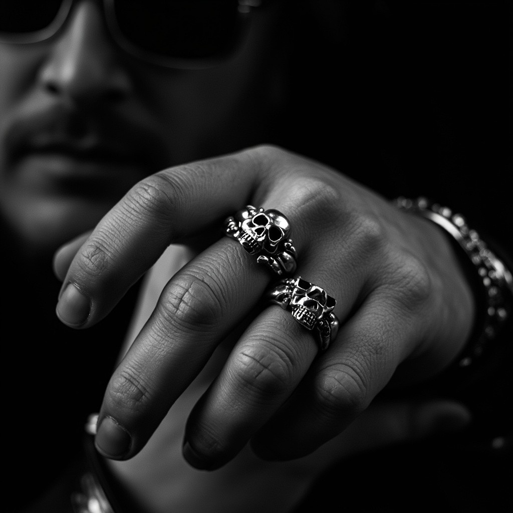 A Biker Man Flaunting Skull Rings A Biker Man Flaunting Skull Rings