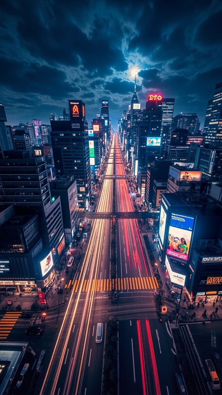 A Bird's-eye View of Animated Night Cityscape