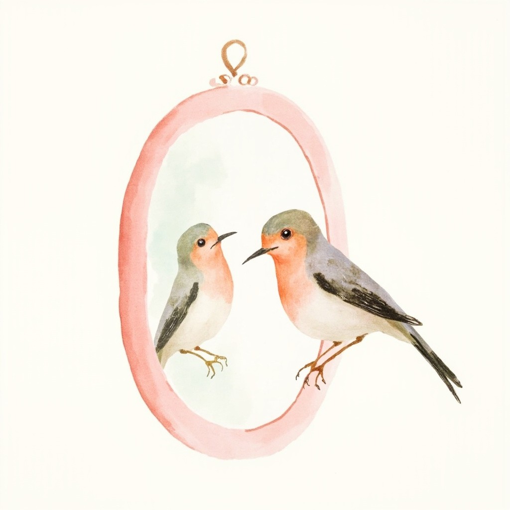 A Bird Observing Its Reflection in Pastel Tones