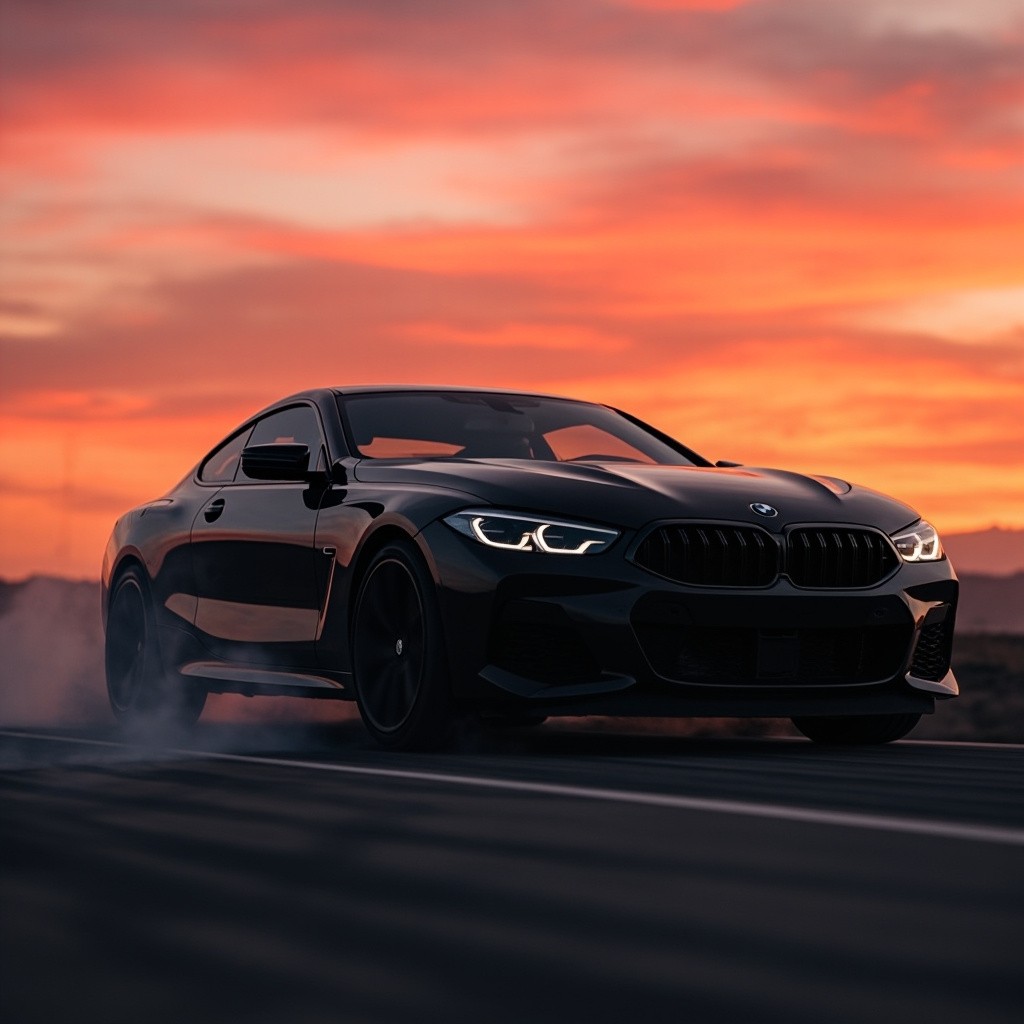 A Black BMW M8 Drifting Under Reddish-Orange Sky