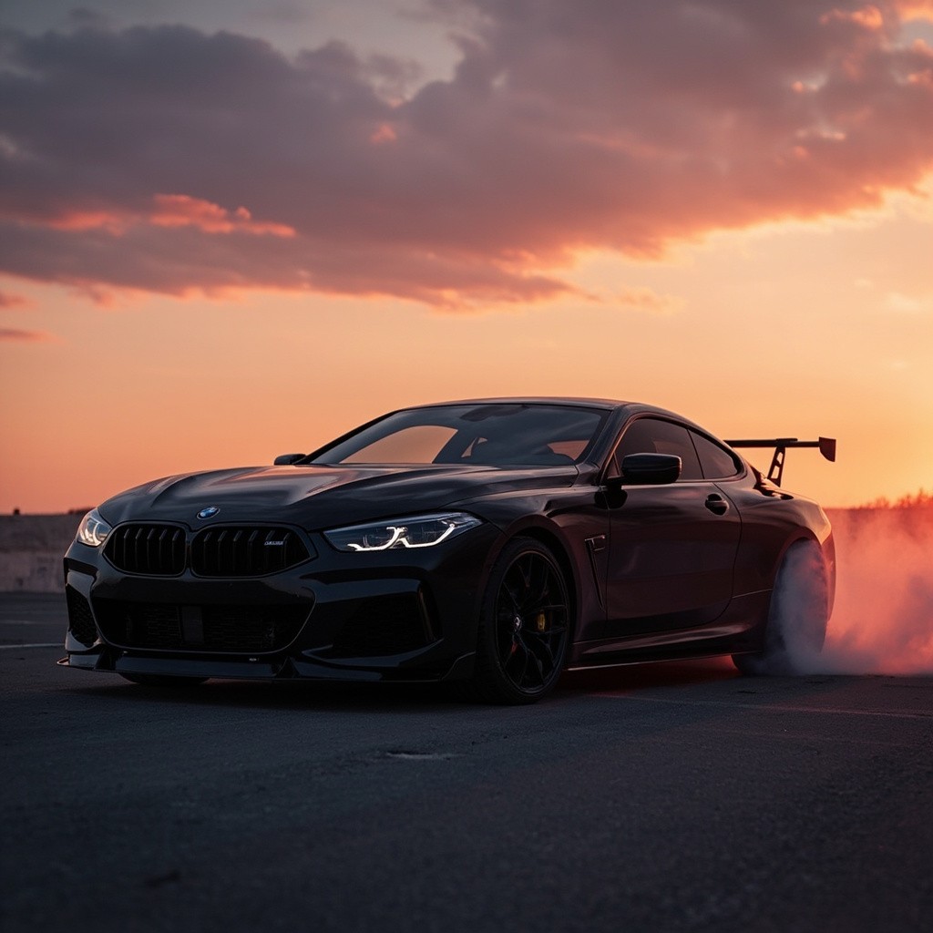 A Black BMW M8 Drifting in Reddish-Orange Evening