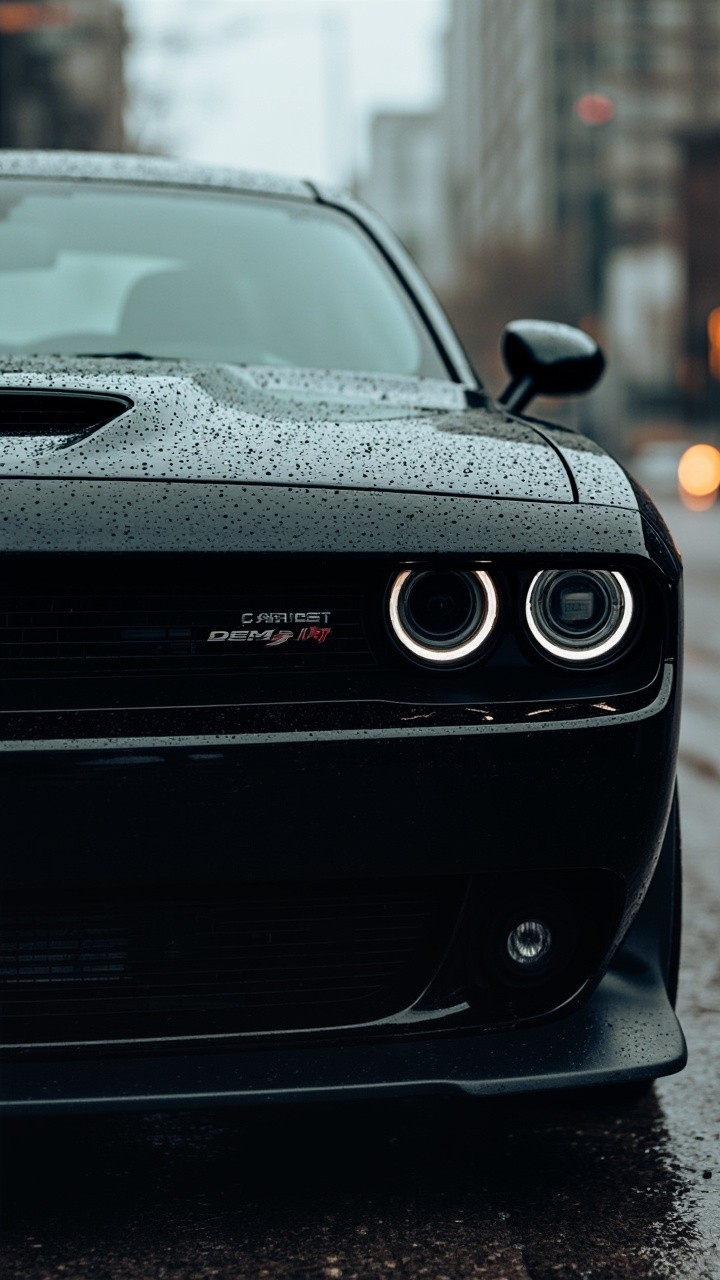 A Black Dodge Challenger Demon 17T in Rain