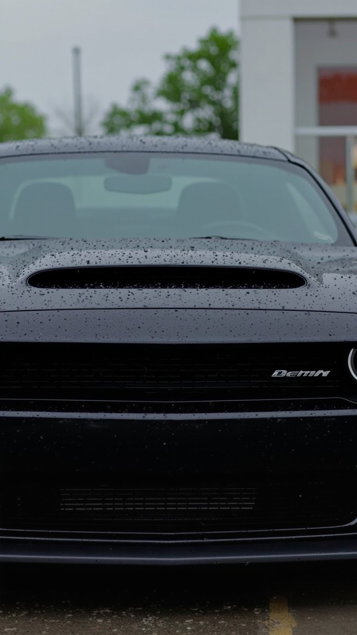 A Black Dodge Challenger Demon 17T in Rain