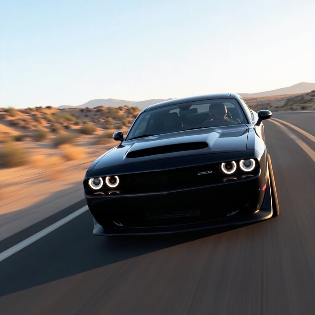 A Black Dodge Challenger Speeding in the Desert