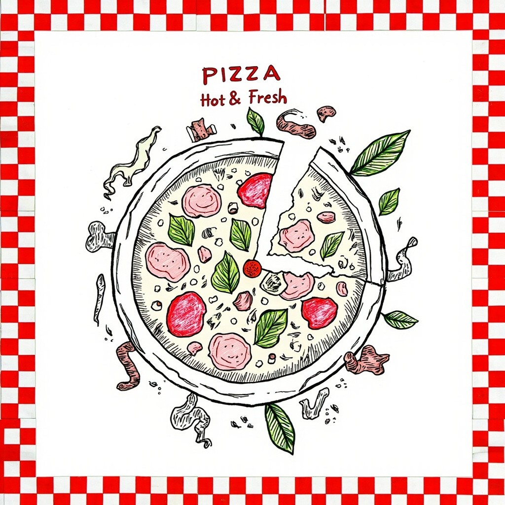 A Black-Outlined Pizza with Fresh Ingredients