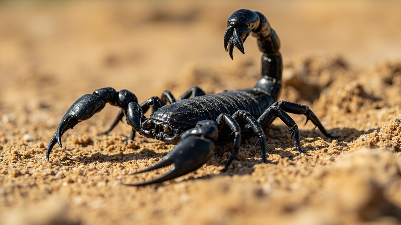 A Black Scorpion Crawling on Sand