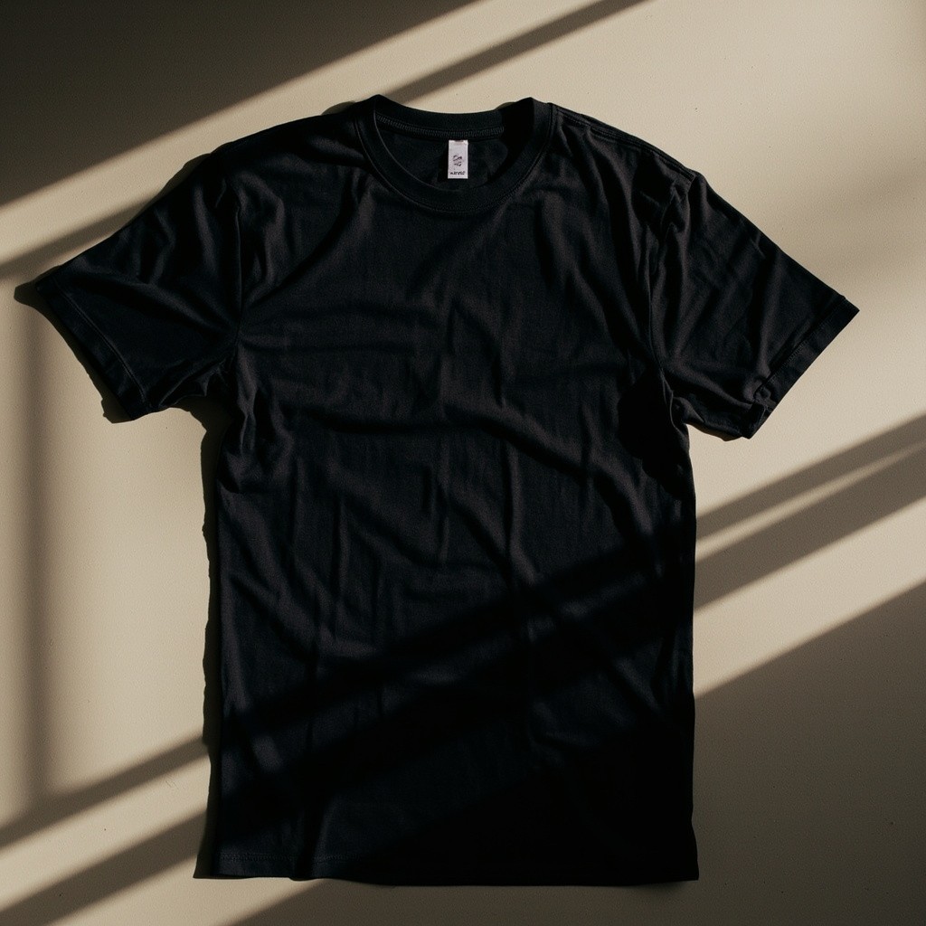 A Black T-Shirt Laid Flat in Natural Light