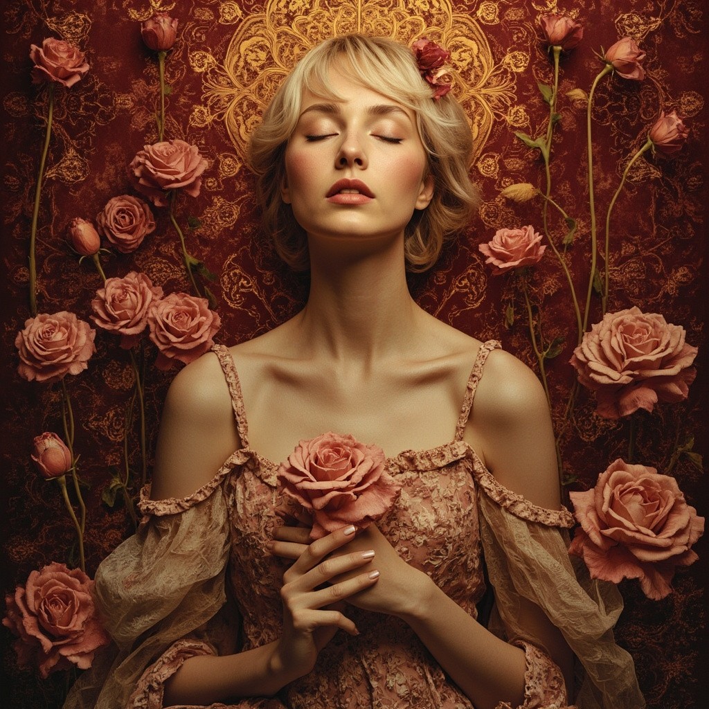 A Blonde Woman Among Energy Flowers in Bordeaux-Gold Tones