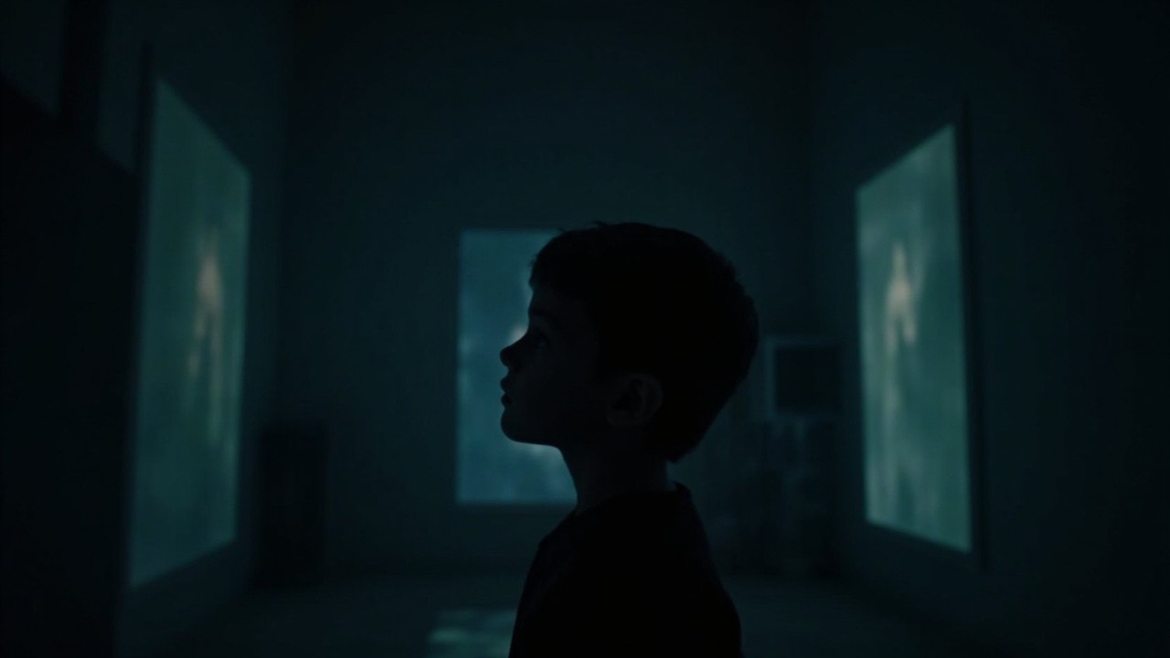 A Boy's Silhouette Observing Vision Boards in Darkness
