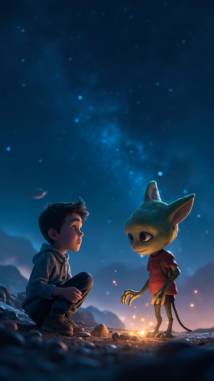 A Boy Befriends Alien under Starry Sky, Pixar-style