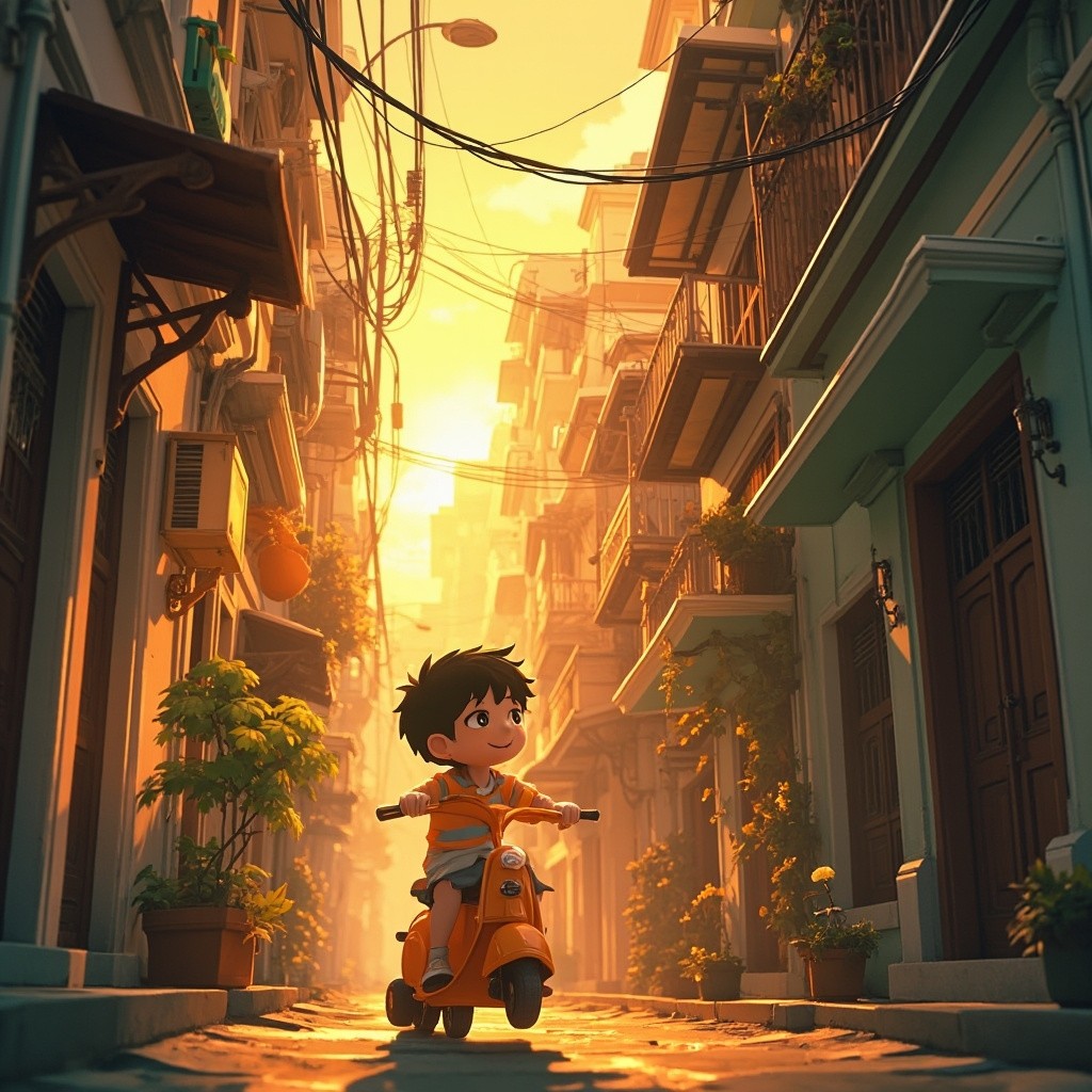 A Boy Scooting in Sunrise-Lit Old City Alley