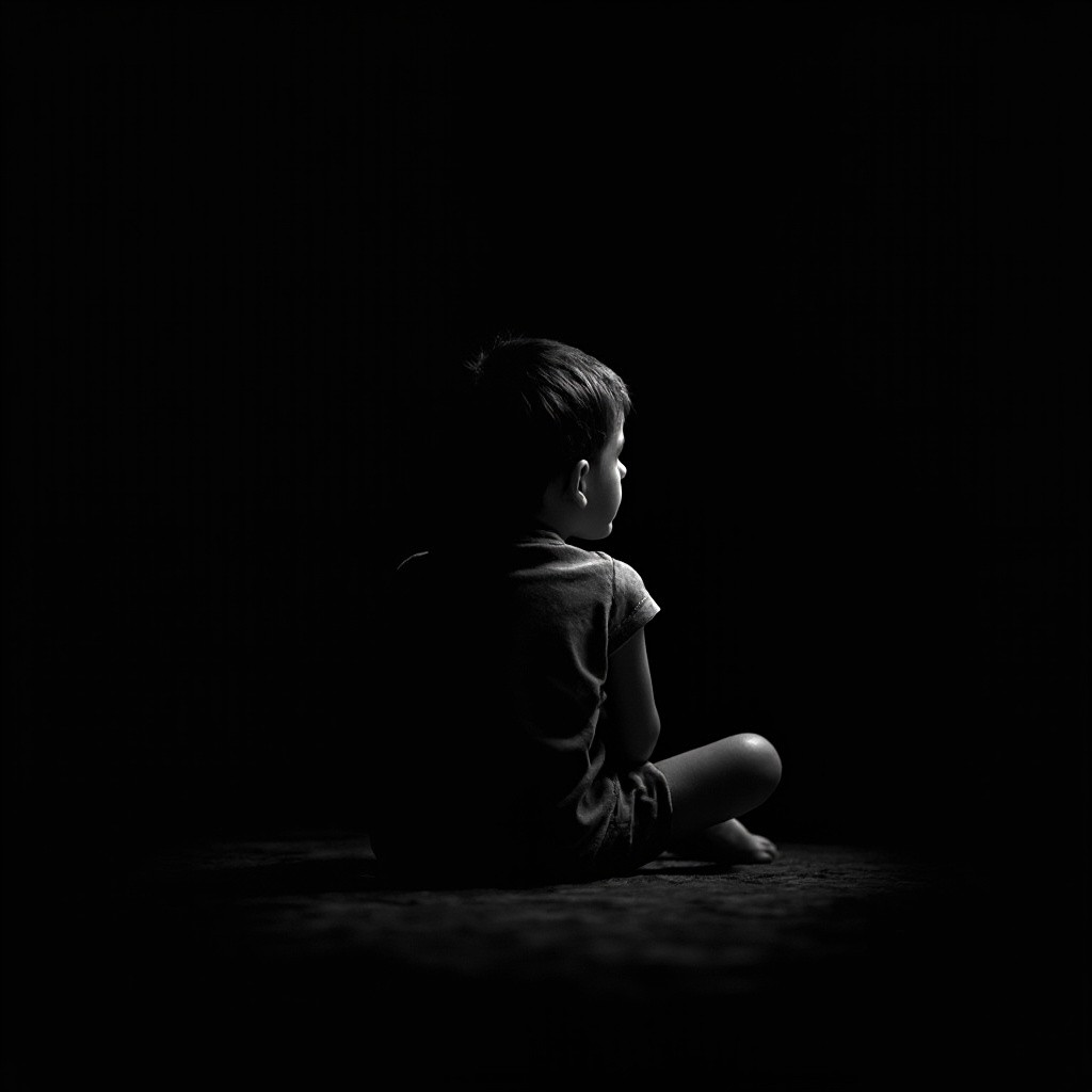 A Boy Sitting Alone under Black Light