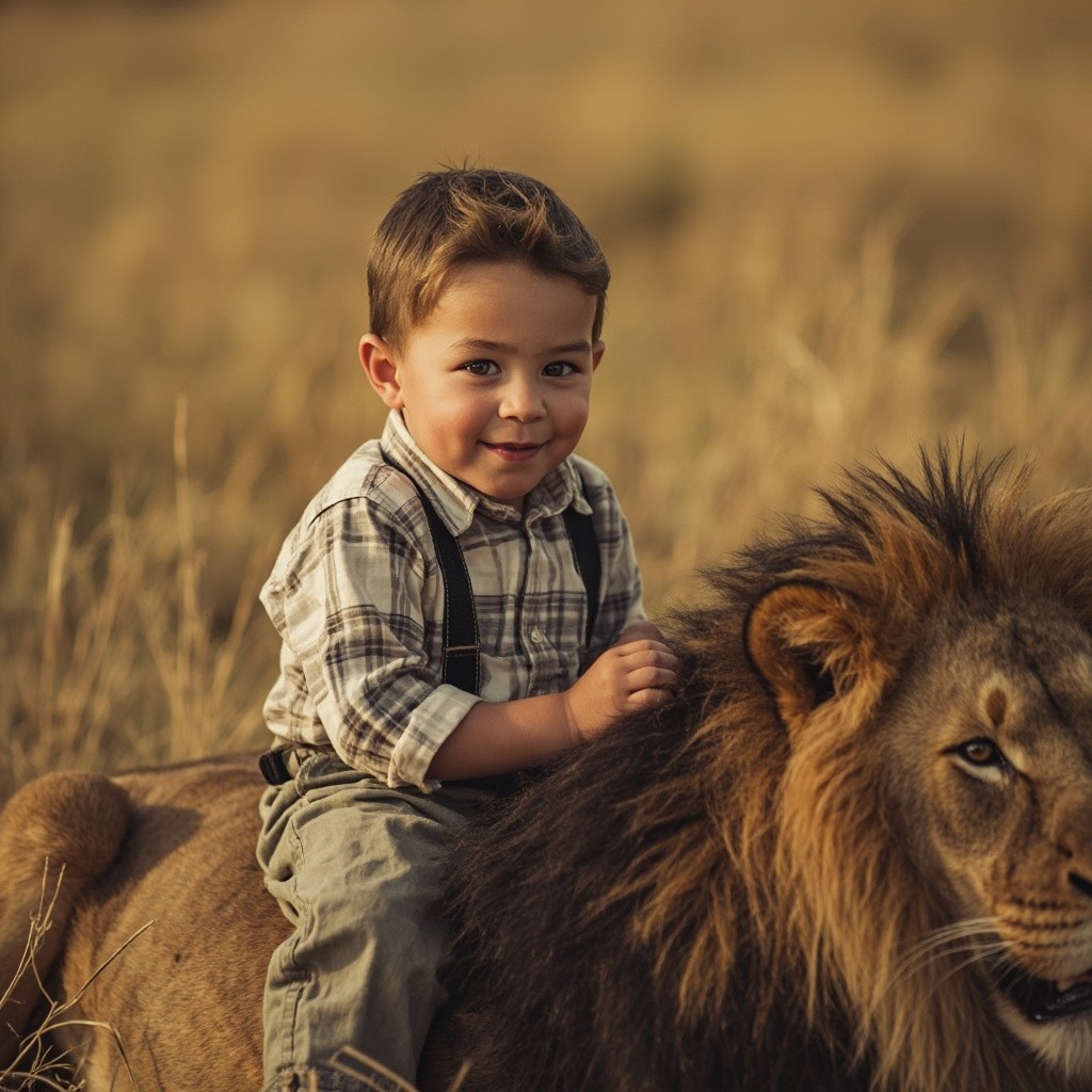 A Boy Smiling While Seated on a Lion