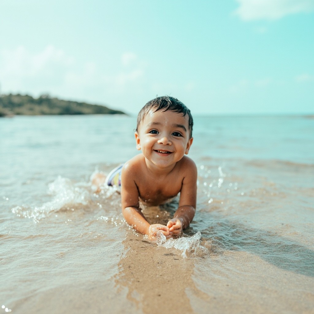 A Boy Swimming at the Beach