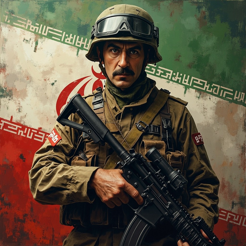A Brave Soldier Standing with Iranian Flag