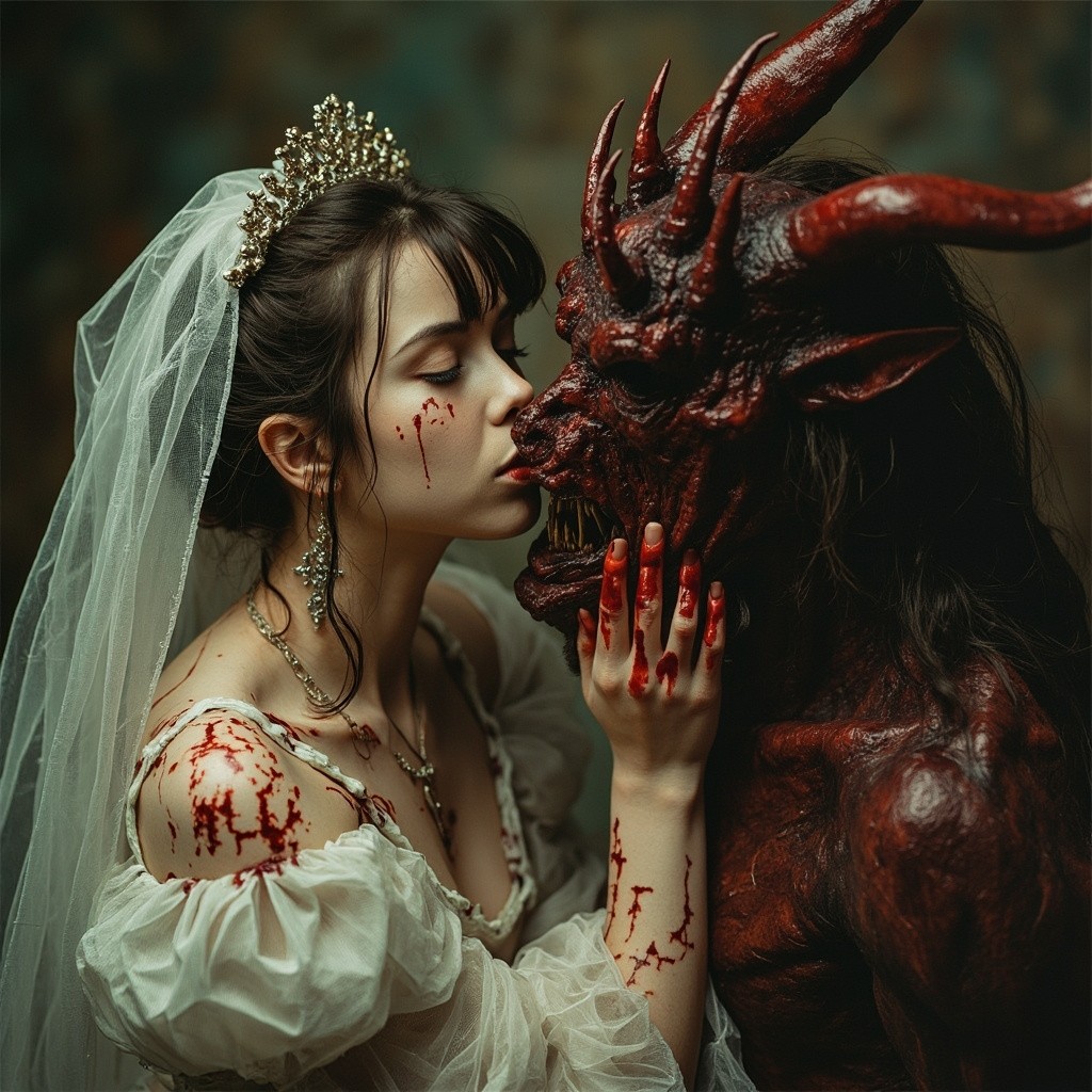 A Bride Kissing a Demon, Dress Stained with Blood