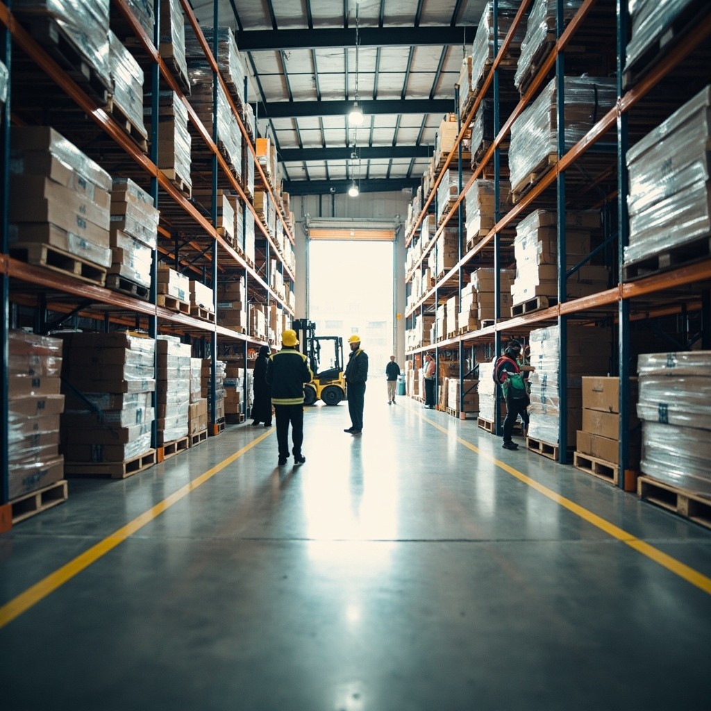 A Bright Warehouse with Workers and Lift Vehicle