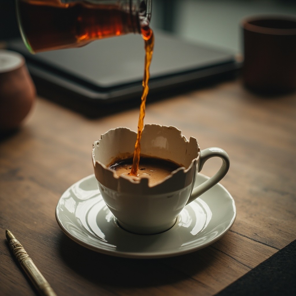 A Broken Cup Receiving Poured Coffee