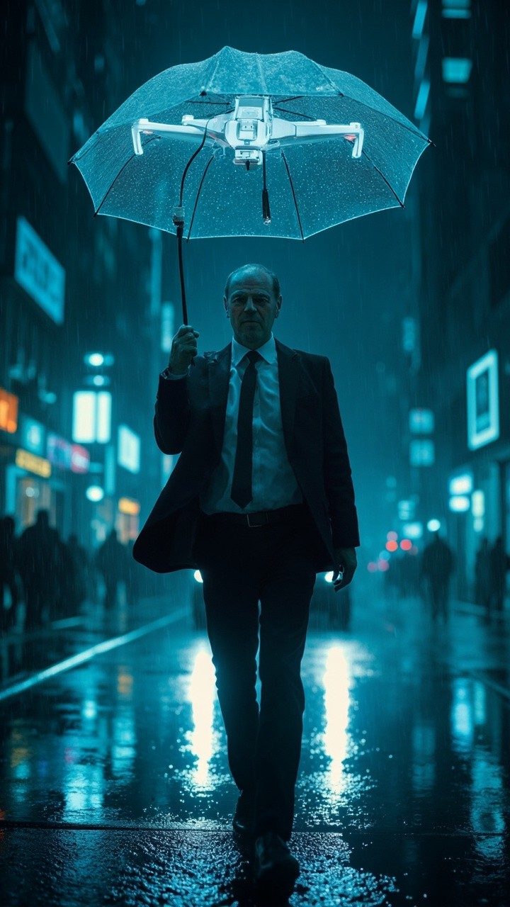 A Businessman Under Drone-Umbrella in Rainy Futuristic City