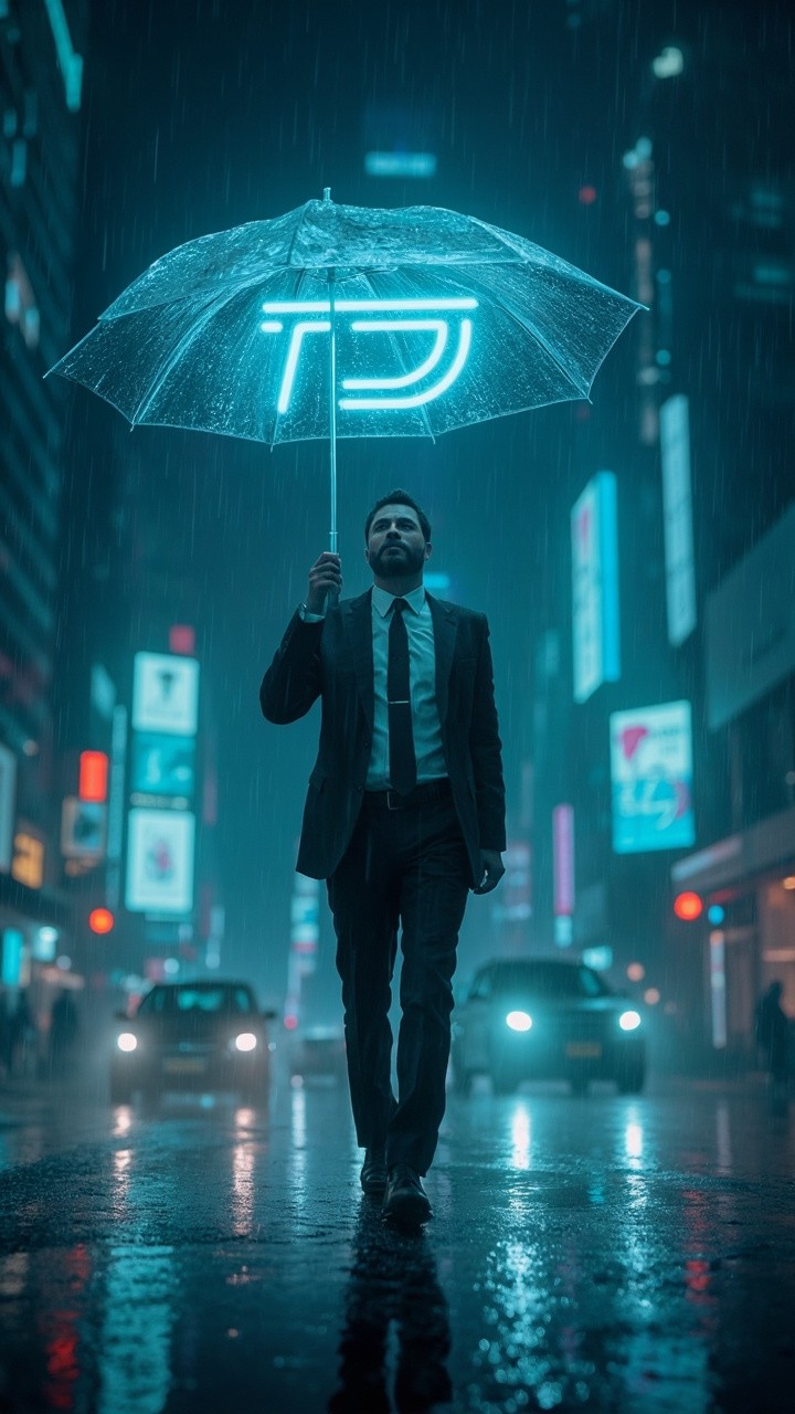 A Businessman Walking Under Drone-Umbrella in Rain