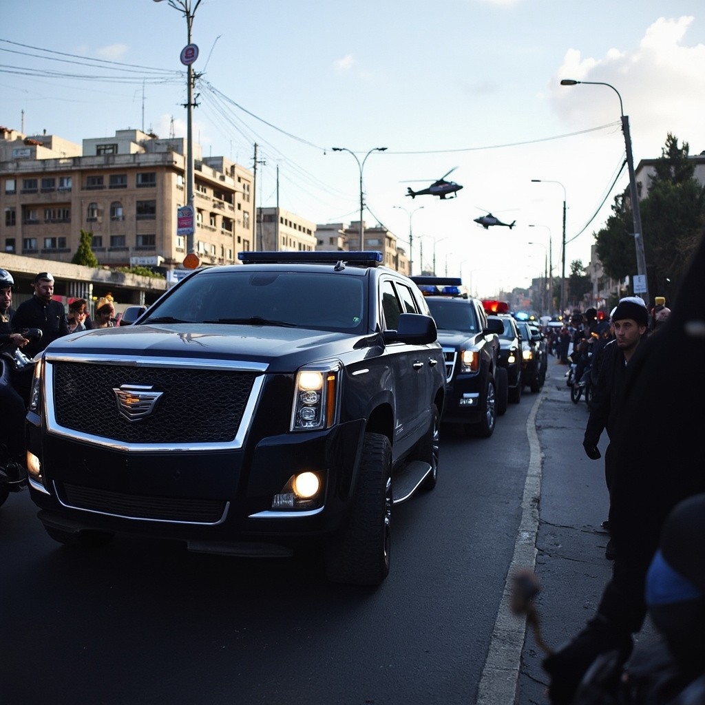 A Cadillac Escalade convoy with police motorcycles