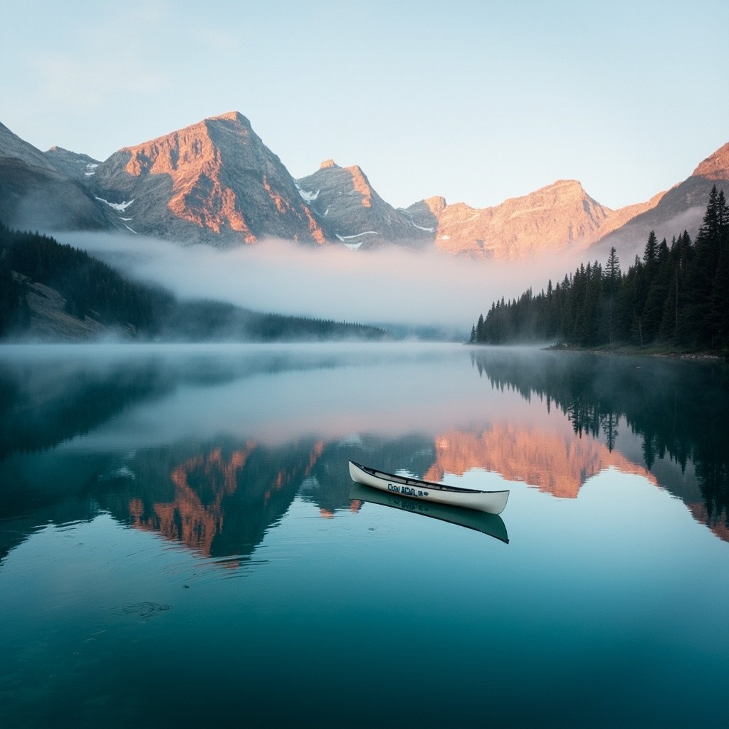 A Canoe Journey Across Misty Alpine Lake at Sunrise