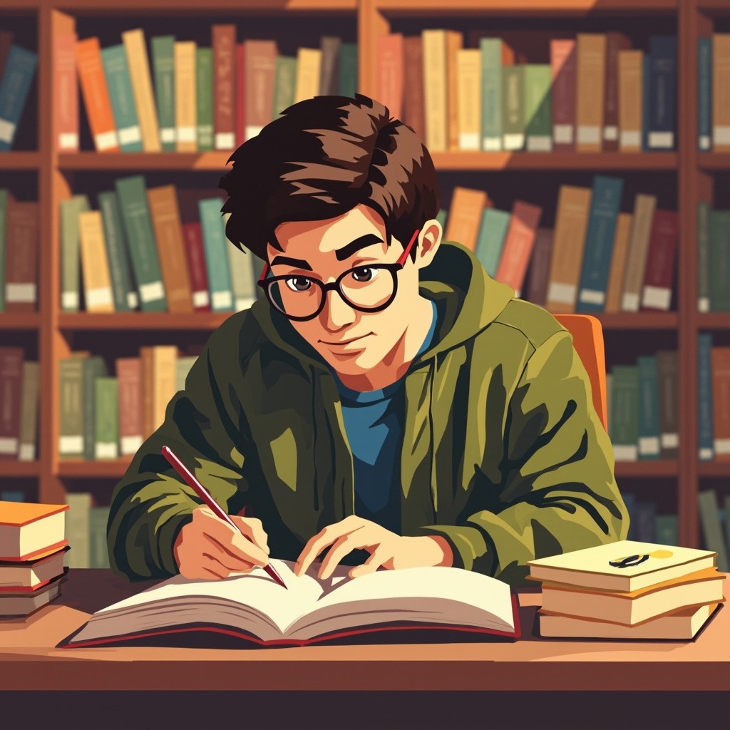 A Cartoon Character Studying in Library