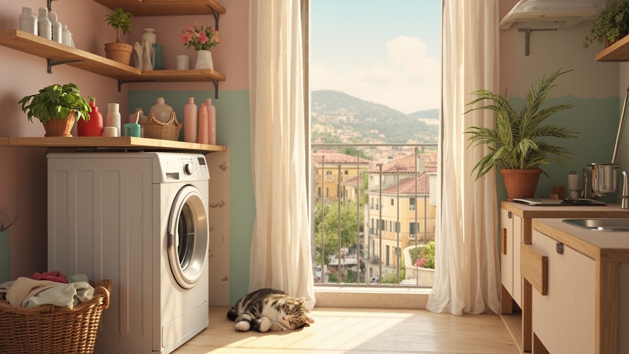 A Cat Sleeps in Cozy Pastel Laundry Room