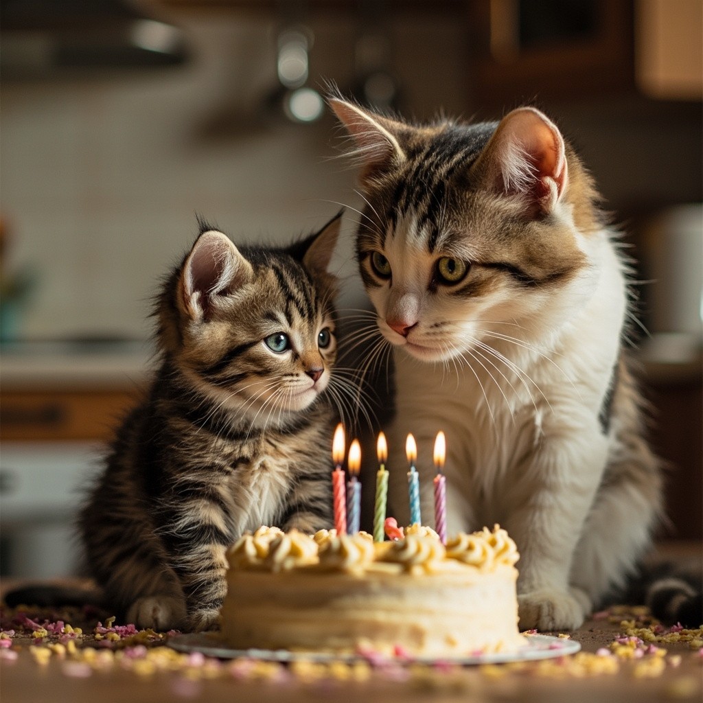 A Cat and Kitten Celebrating Birthday with Cake