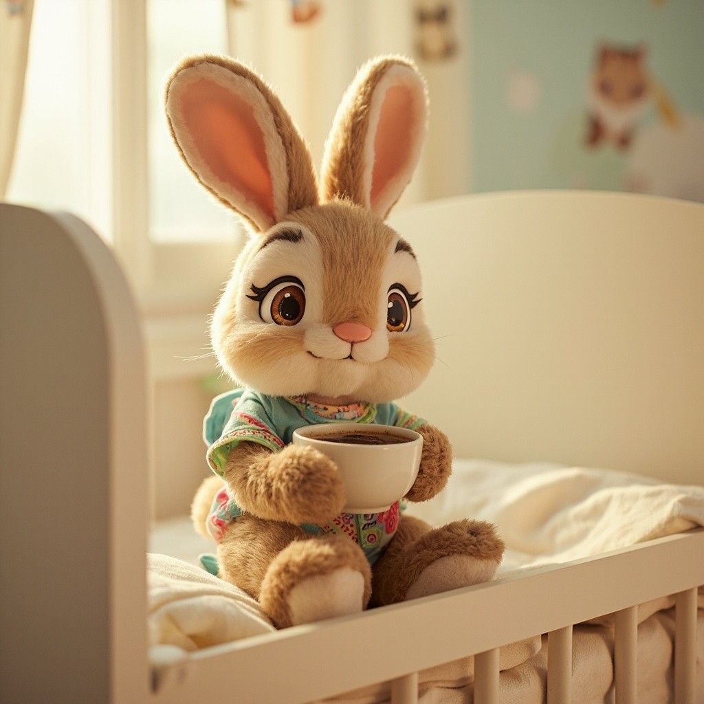 A Cheerful Bunny with Coffee on a Crib