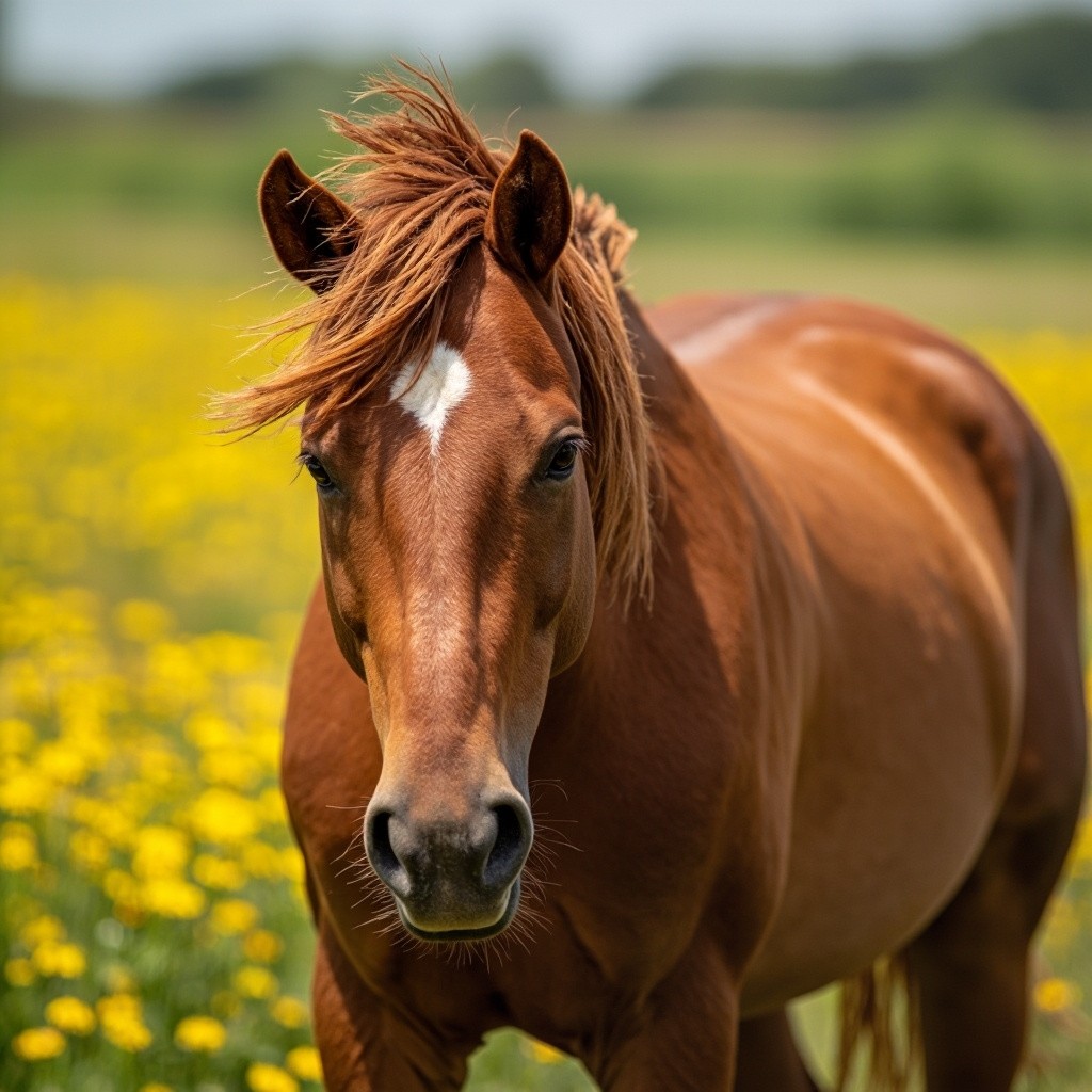 A Chestnut Horse Among Daisies, Showcasing Power