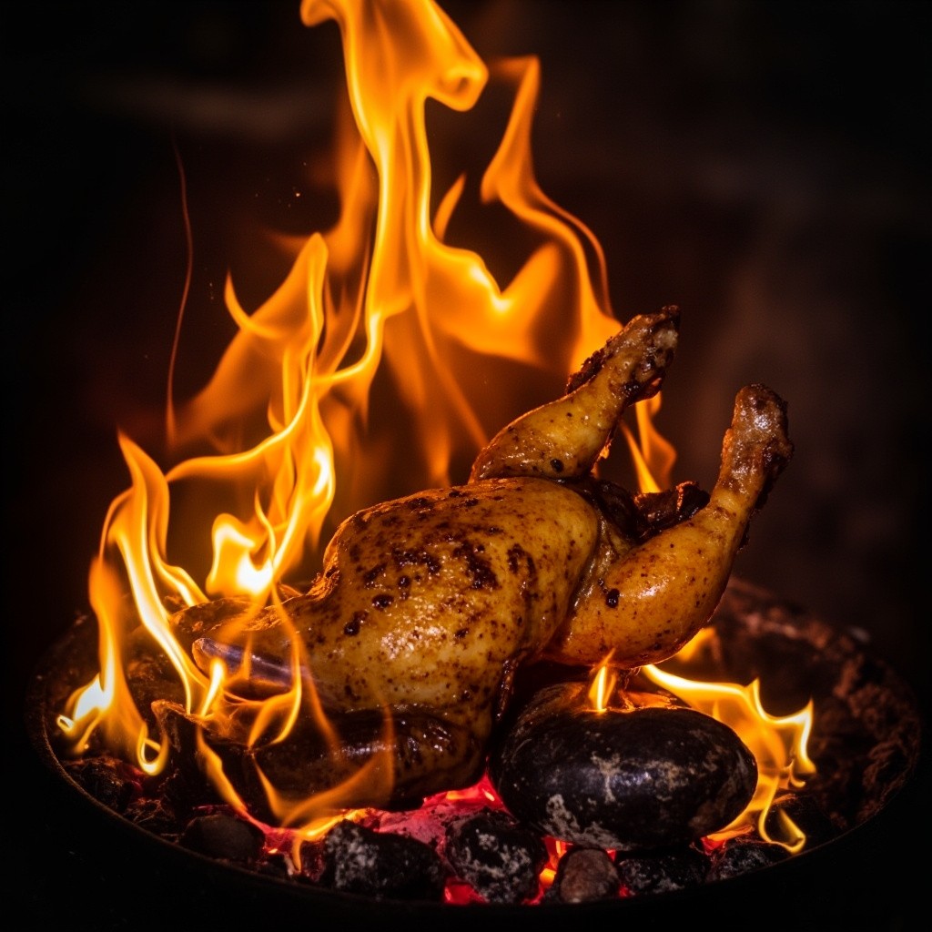 A Chicken Cooking over the Fire
