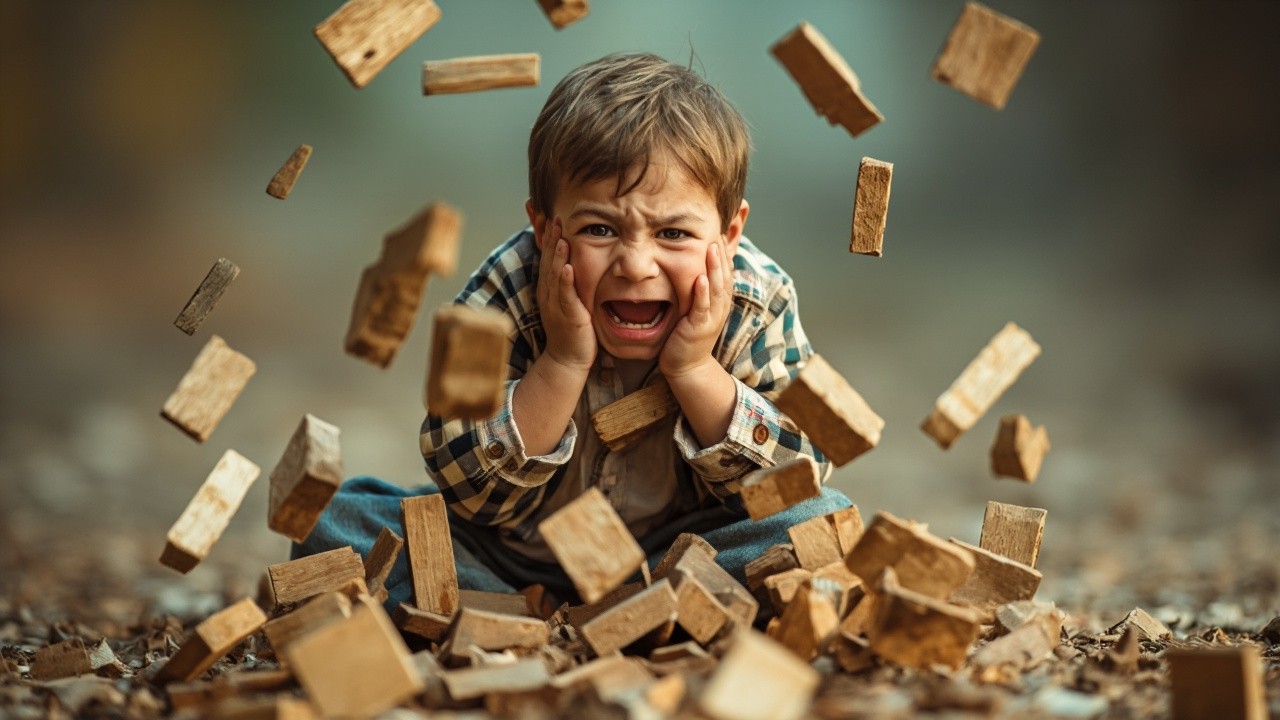 A Child Crying as Blocks Fall