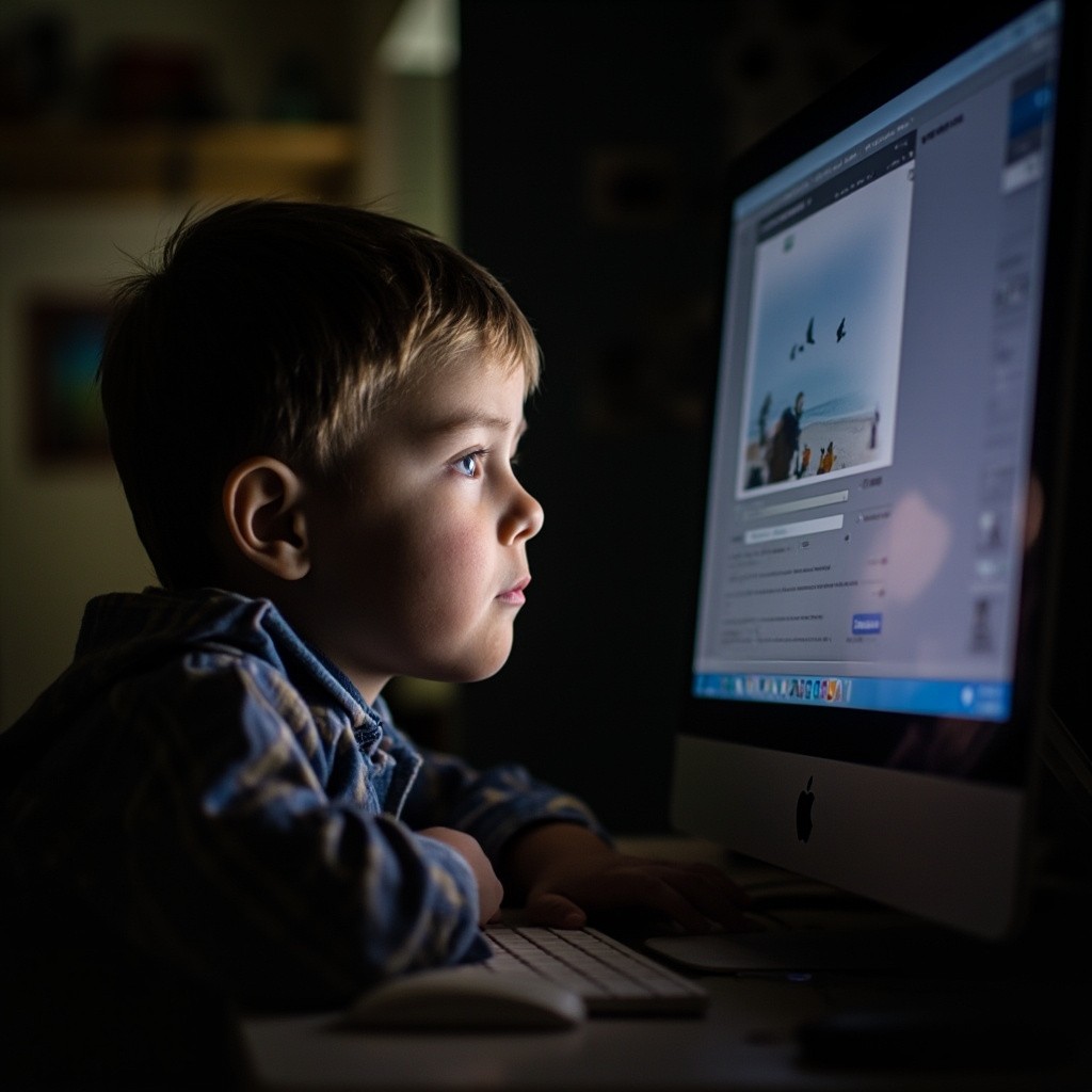 A Child Engrossed in Computer Screen Light