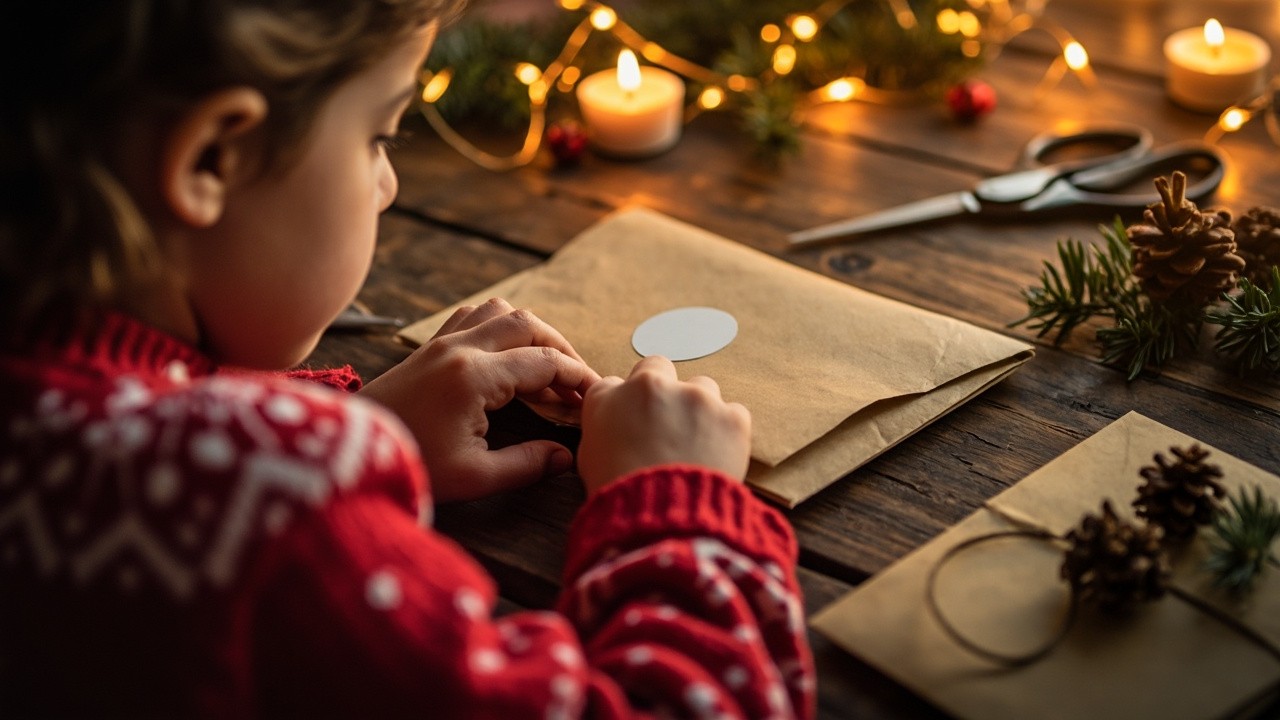 A Child Sealing Christmas Letters in Warm Light