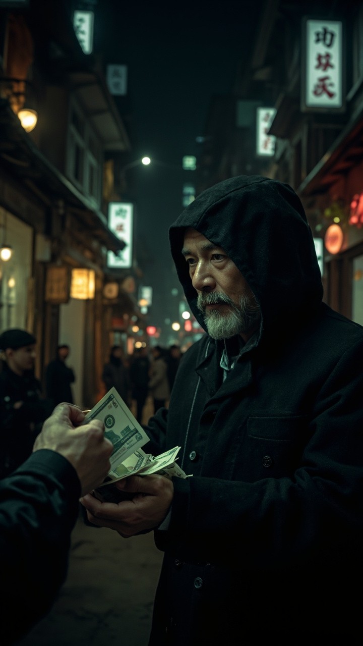A Chinese Man Giving Cash to Hooded Figure