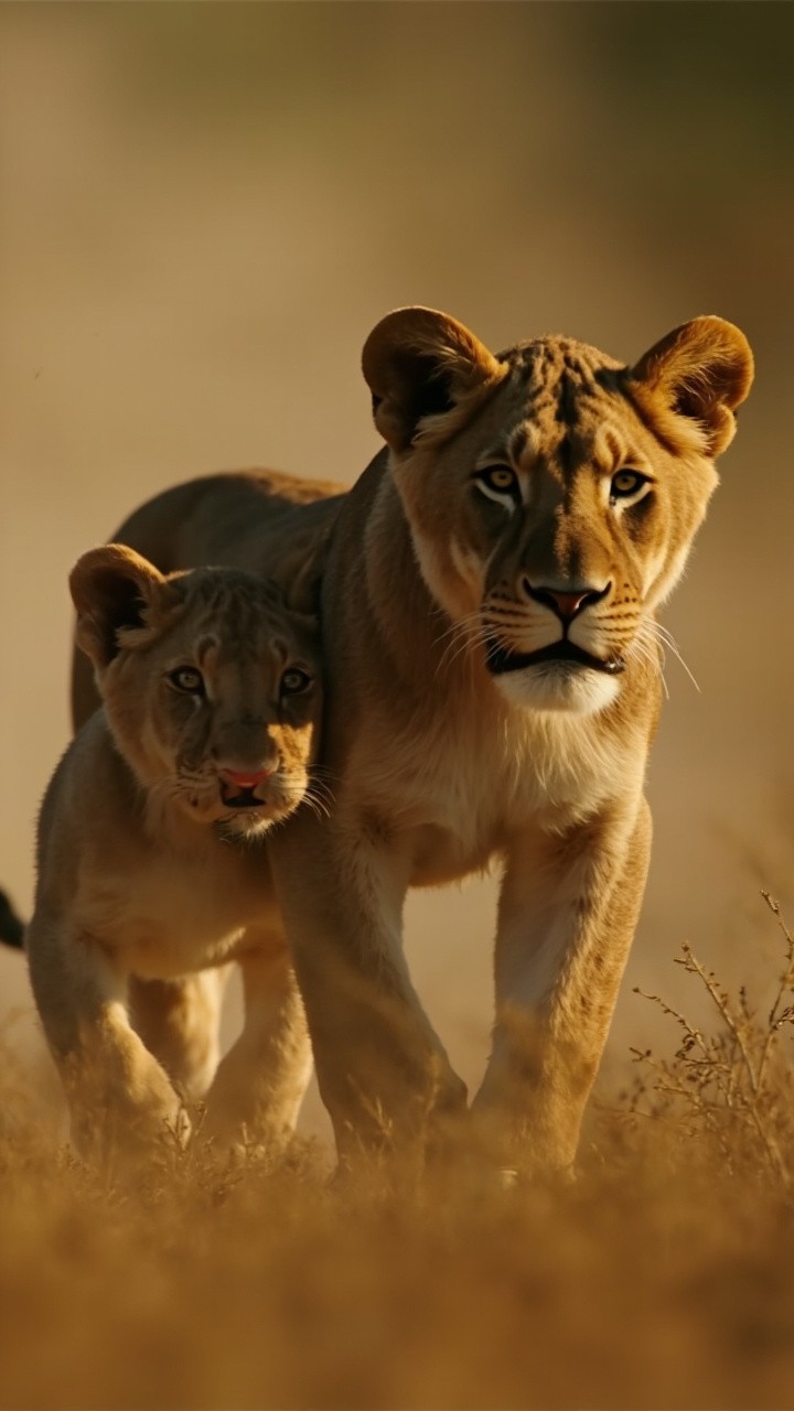 A Cinematic Video of Lion and Its Cub Walking
